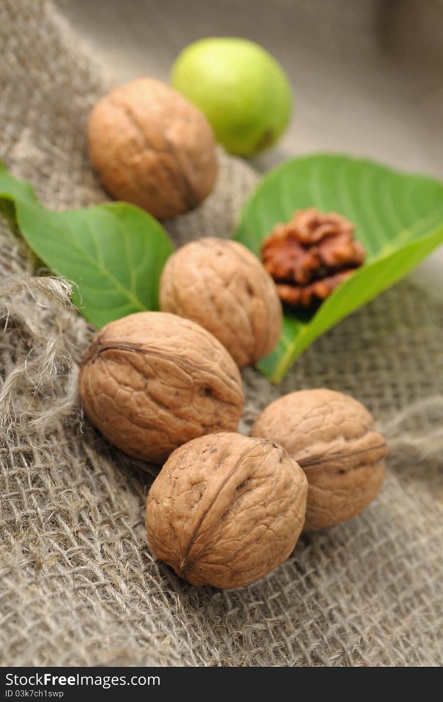 Walnuts with leaves on a background of rough cloth