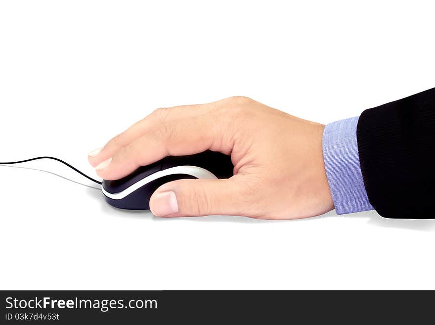 Mouse for notebooks in the hands of Asian business. Mouse for notebooks in the hands of Asian business