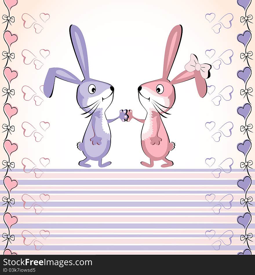 Valentine's vector card. Baby rabbit. illustration. Pink and blue bunny. Valentine's vector card. Baby rabbit. illustration. Pink and blue bunny.