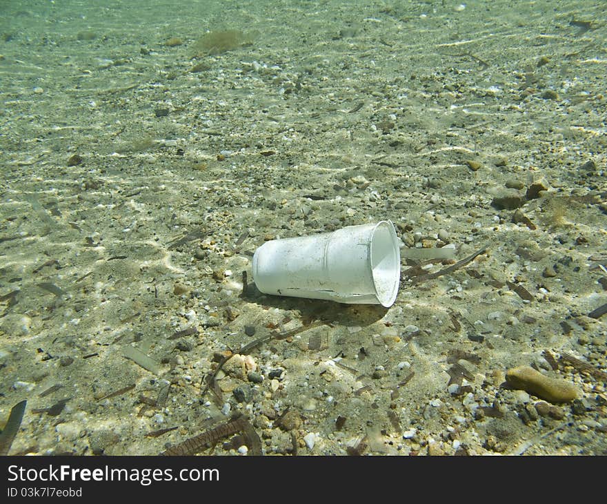 A plastic cup polluting the sea