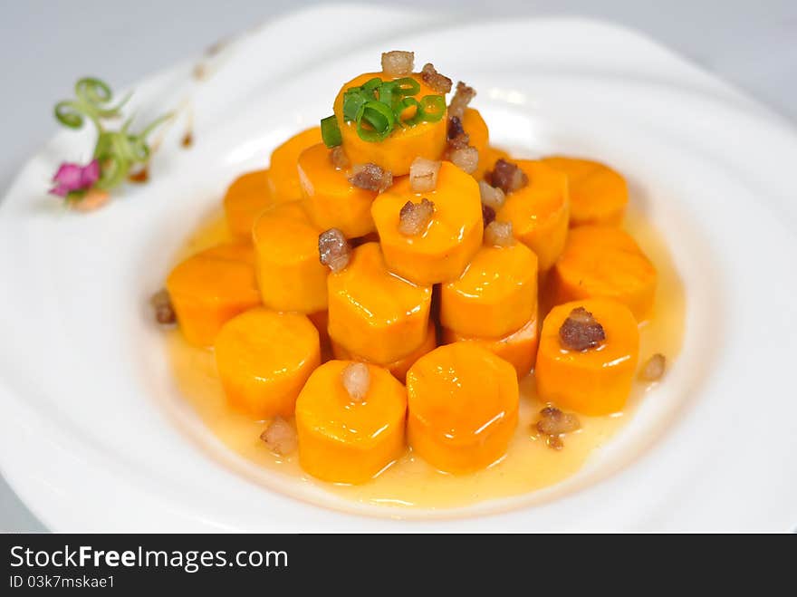 Chinese food - pumpkin salad  in white plate