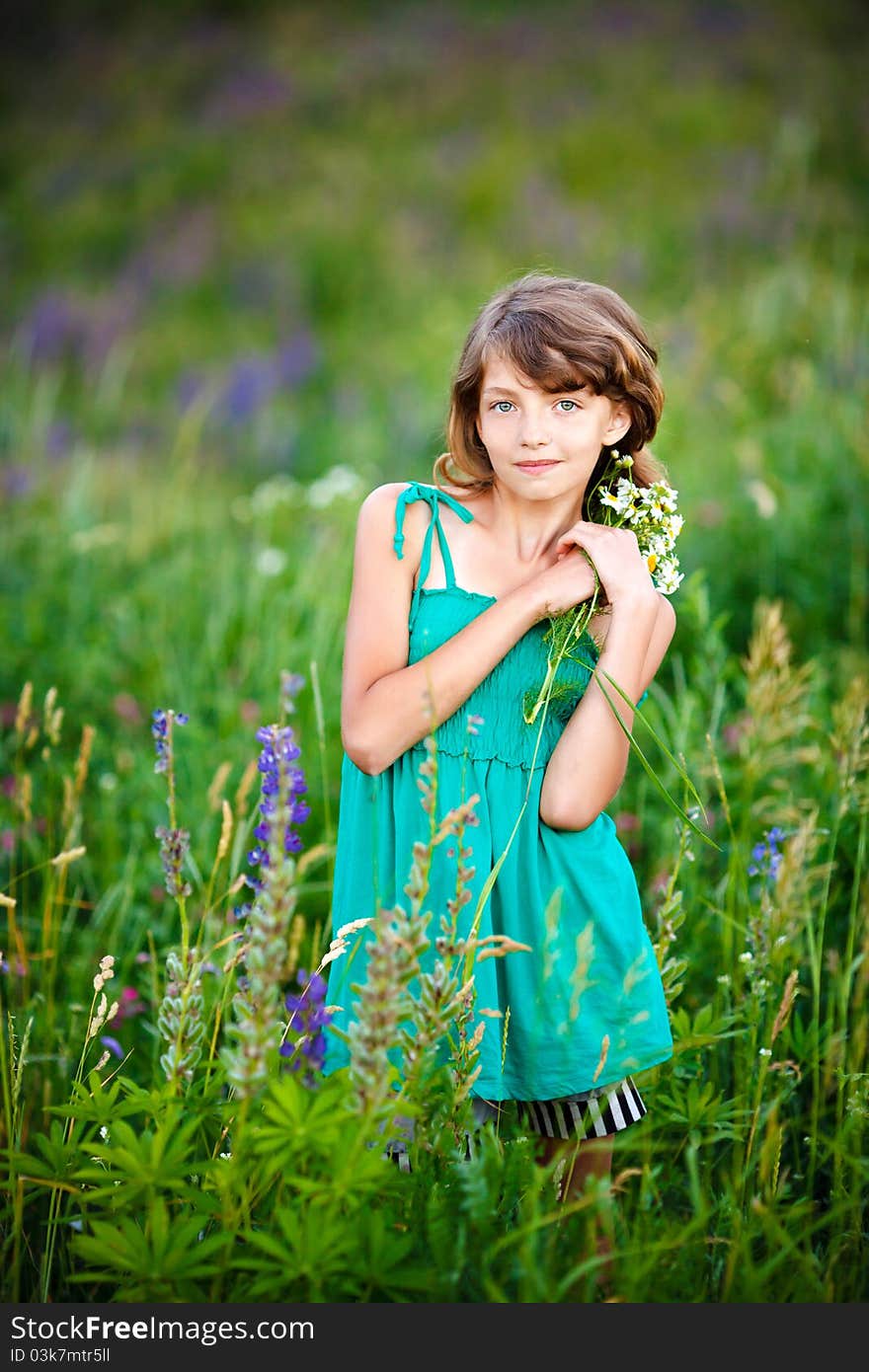 Little girl in the field with flowers. Little girl in the field with flowers