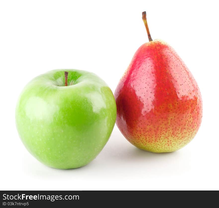 Green apple and red pear isolated on white background