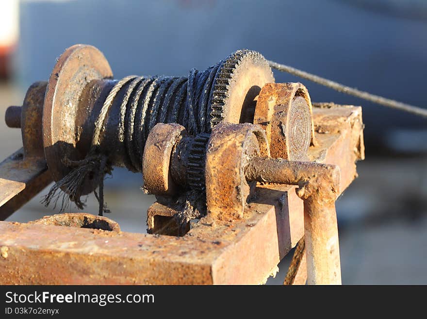 Old mechanism for pulling small boats out of water. Old mechanism for pulling small boats out of water