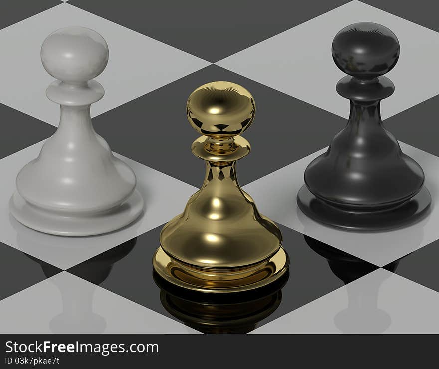 Computer generated Image three dimensional chessboard three  pawns. Computer generated Image three dimensional chessboard three  pawns