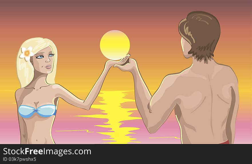 Couple in love on the beach at sunset