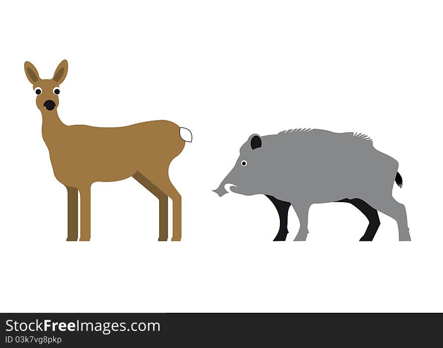 Abstract vector illustration isolated deer and wild pig. Abstract vector illustration isolated deer and wild pig