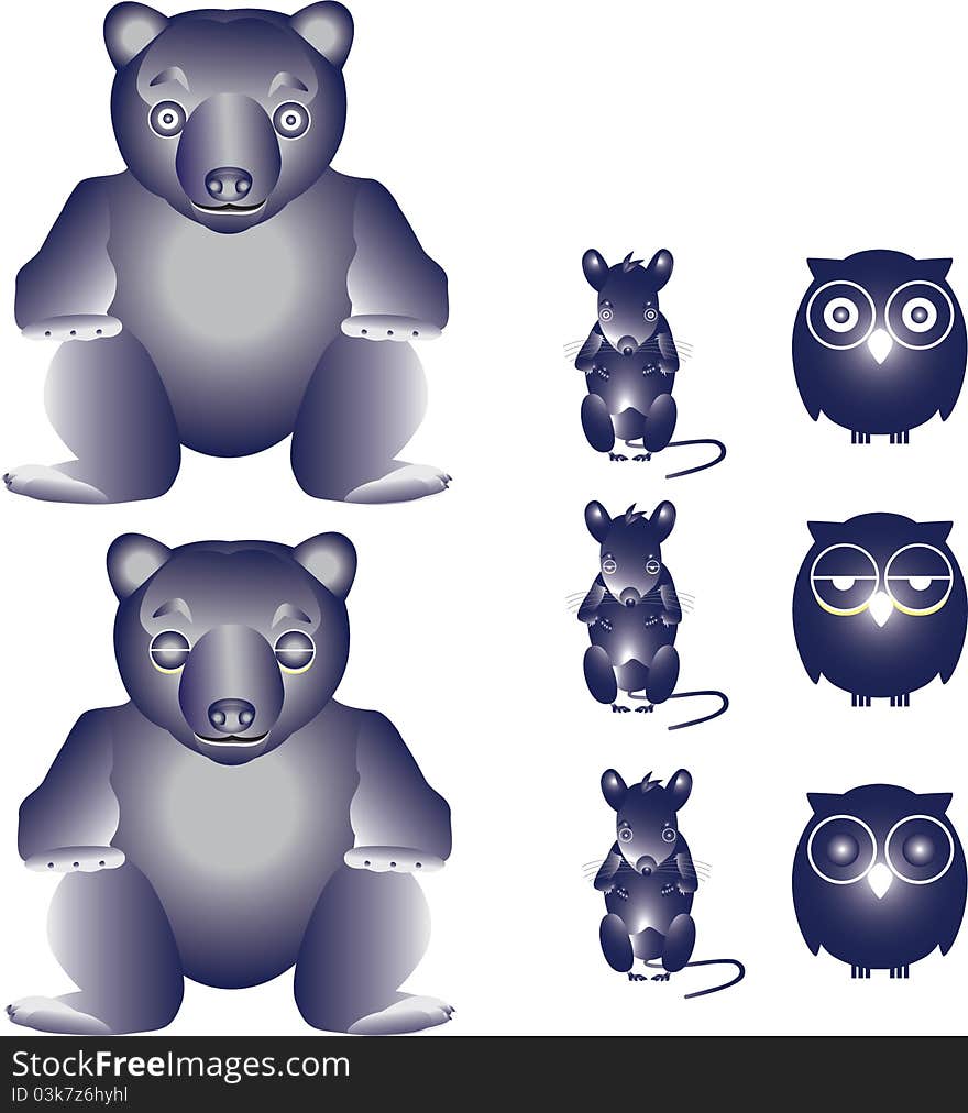 Figurines Bear, mice and owls made in the gradient. Figurines Bear, mice and owls made in the gradient