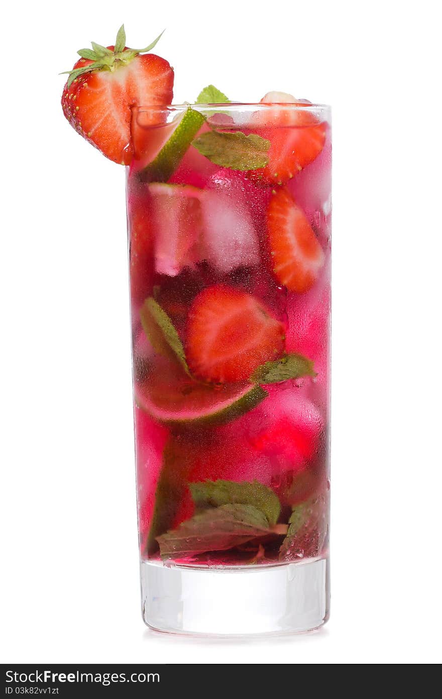 Cocktail with lime, mint and strawberry on white background. Cocktail with lime, mint and strawberry on white background