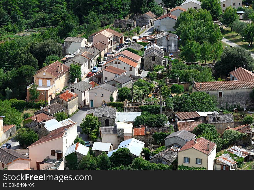 Small village in France, Europe with clustered houses, top view. Small village in France, Europe with clustered houses, top view.