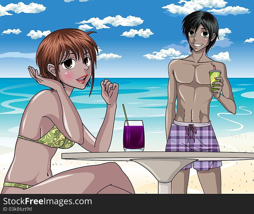 Girl in Bikini and boy with drinks