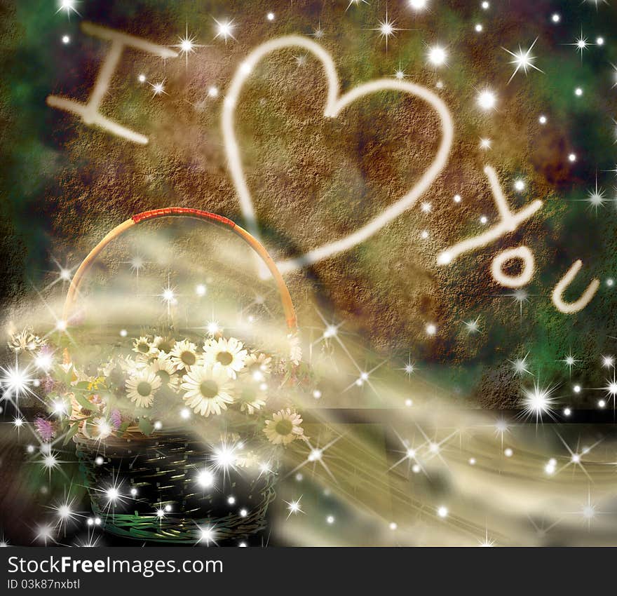 I love you background with a basket of flowers and stars. I love you background with a basket of flowers and stars