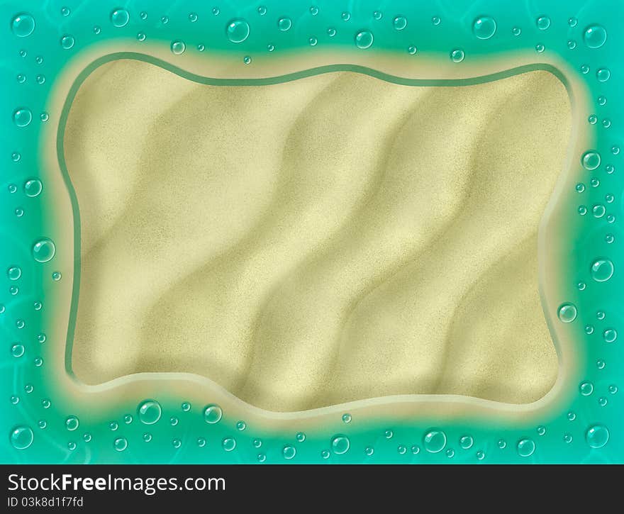 Frame of  turquoise wave, sand and shiny drops. Frame of  turquoise wave, sand and shiny drops