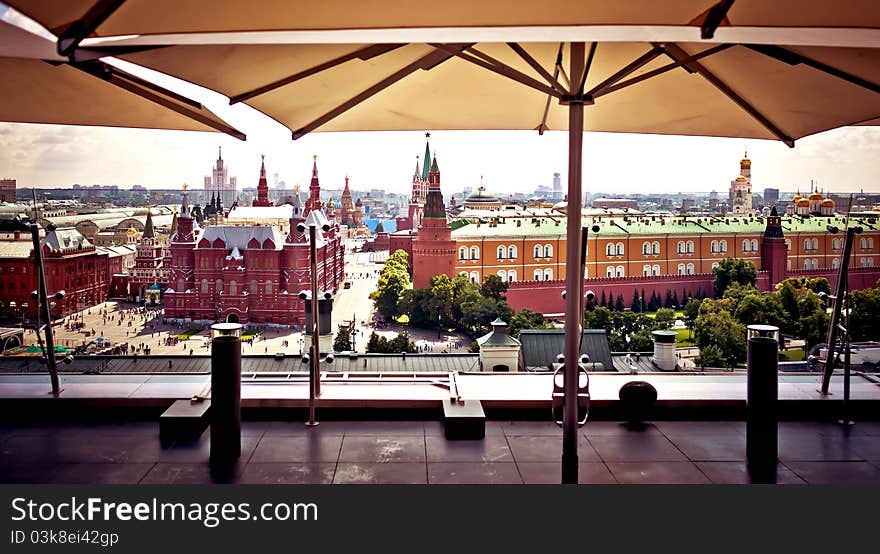 Summer terrace in restaurant vith view on Kremlin in Moscow. Summer terrace in restaurant vith view on Kremlin in Moscow