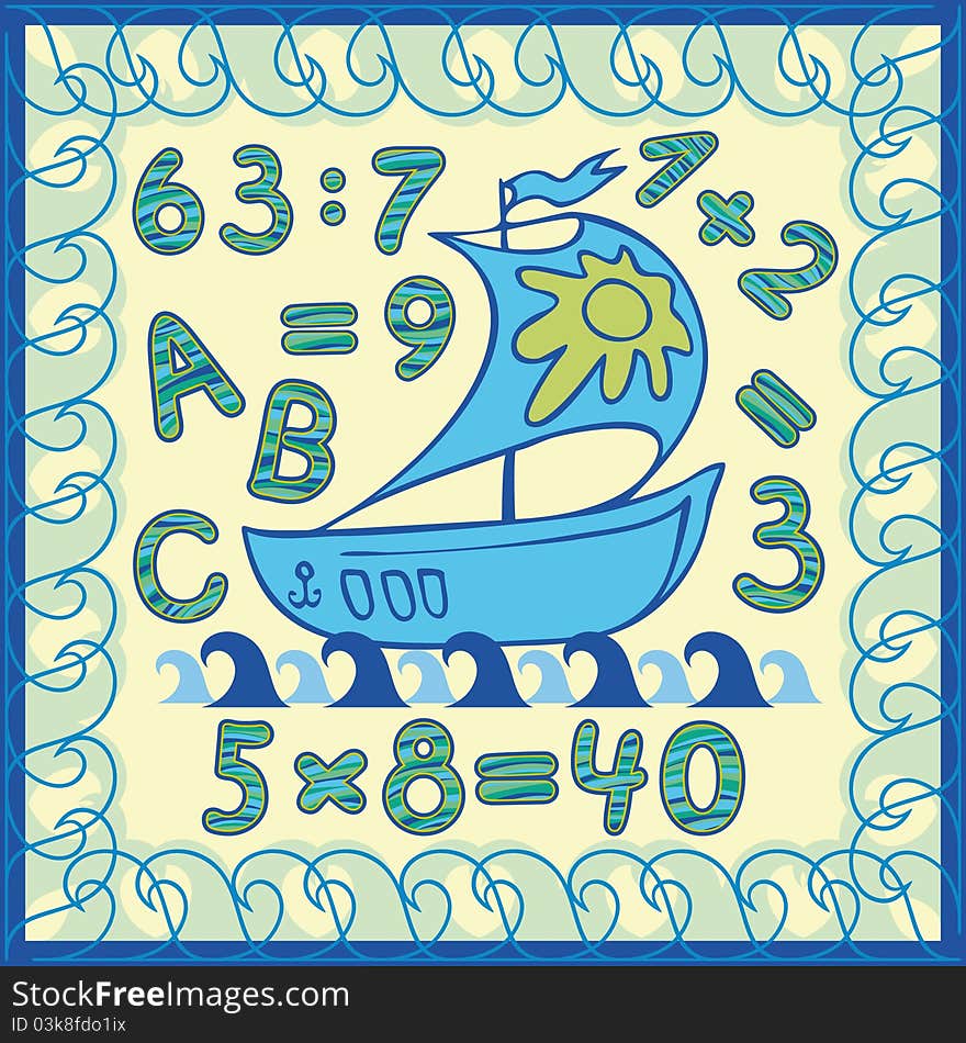 Boat at sea during the day. thematic frame, letters and numbers