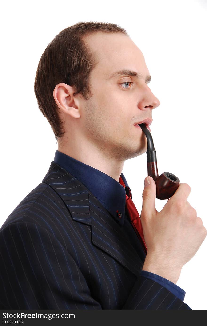 Studio photo of young attractive man with tube