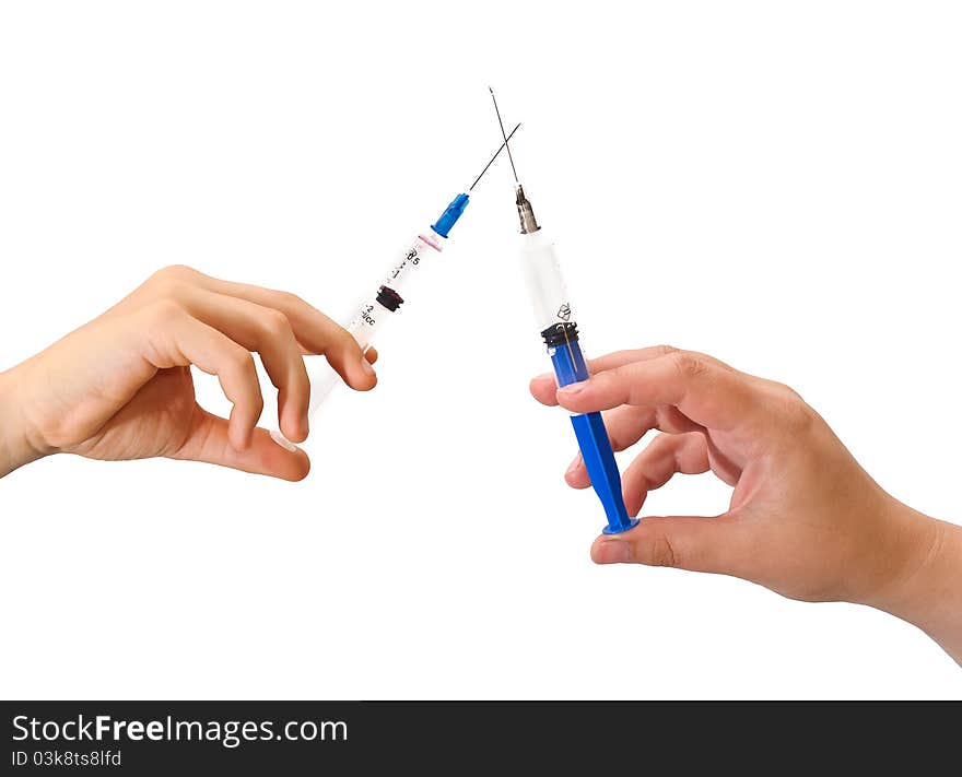 Hand with a syringe. Isolated on white background