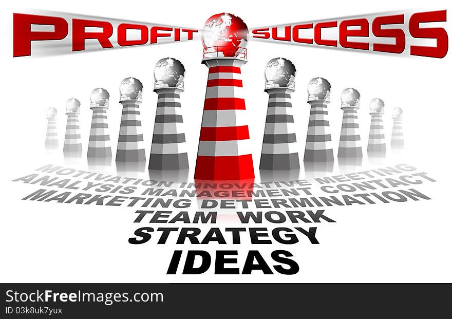 Red and white lighthouse with written profit and success. Red and white lighthouse with written profit and success