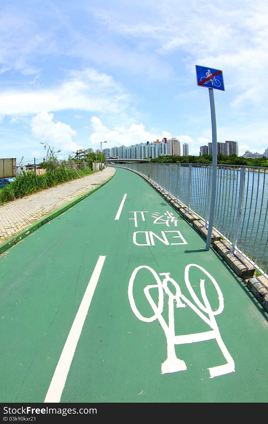 Bicycle lane with white bicycle sign