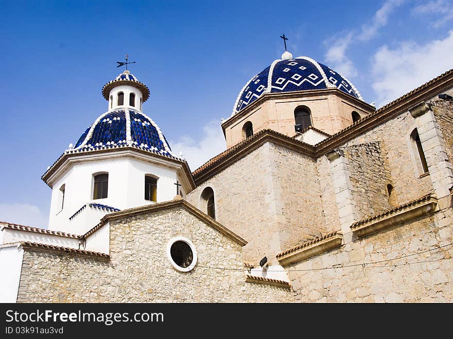 Church with blue tiled domes in Altea in Spain