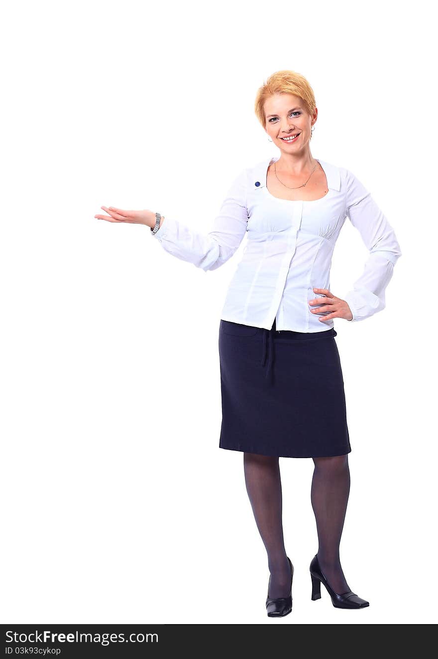 Woman presenting hand on white background. Woman presenting hand on white background