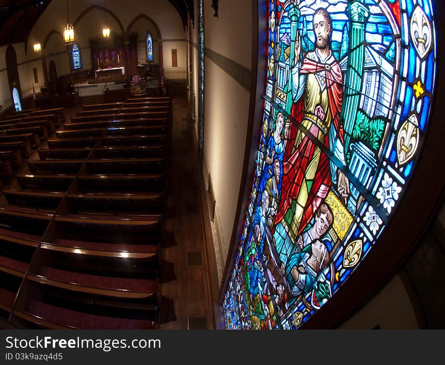 Photograph of a stained glass window.