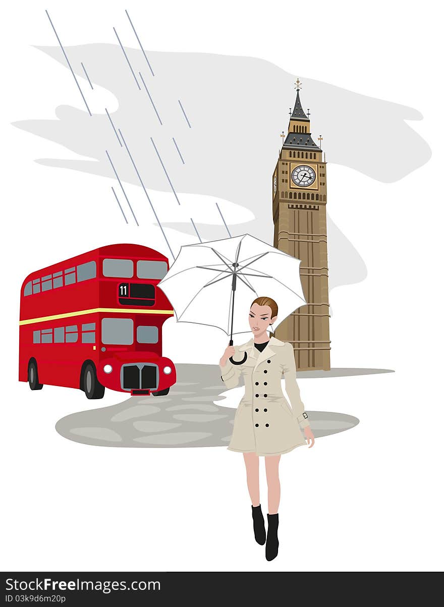 Illustration of Big Ben tower, London bus and a woman with an umbrella. Illustration of Big Ben tower, London bus and a woman with an umbrella