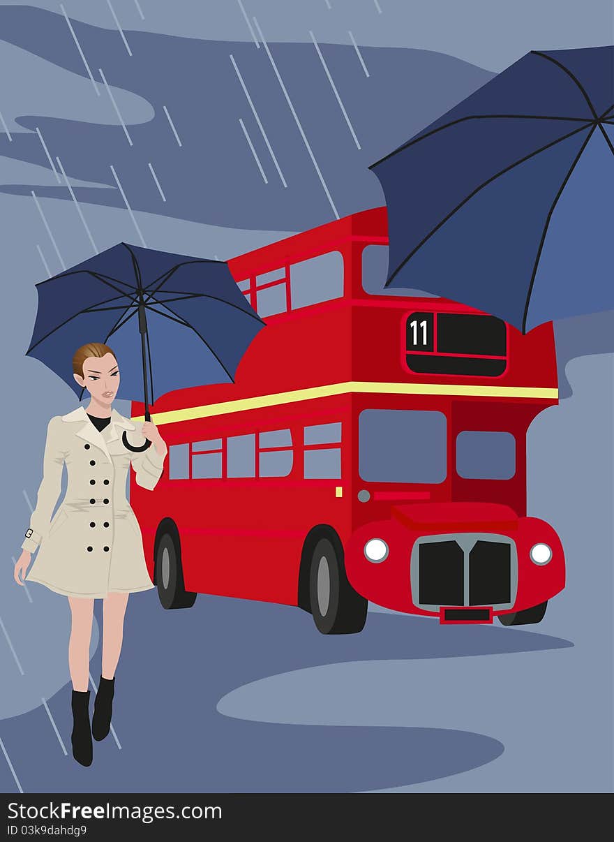 Illustration of London buses and a woman with umbrella. Illustration of London buses and a woman with umbrella