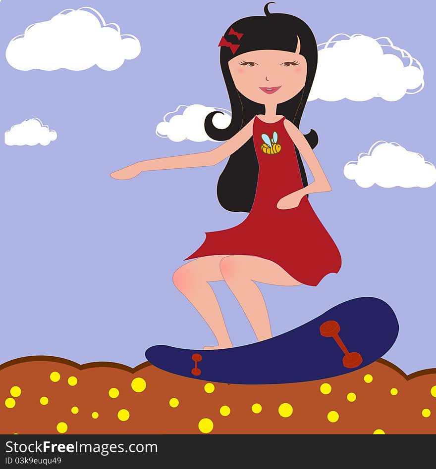 Vector Illustration of funky Young girl riding skateboard