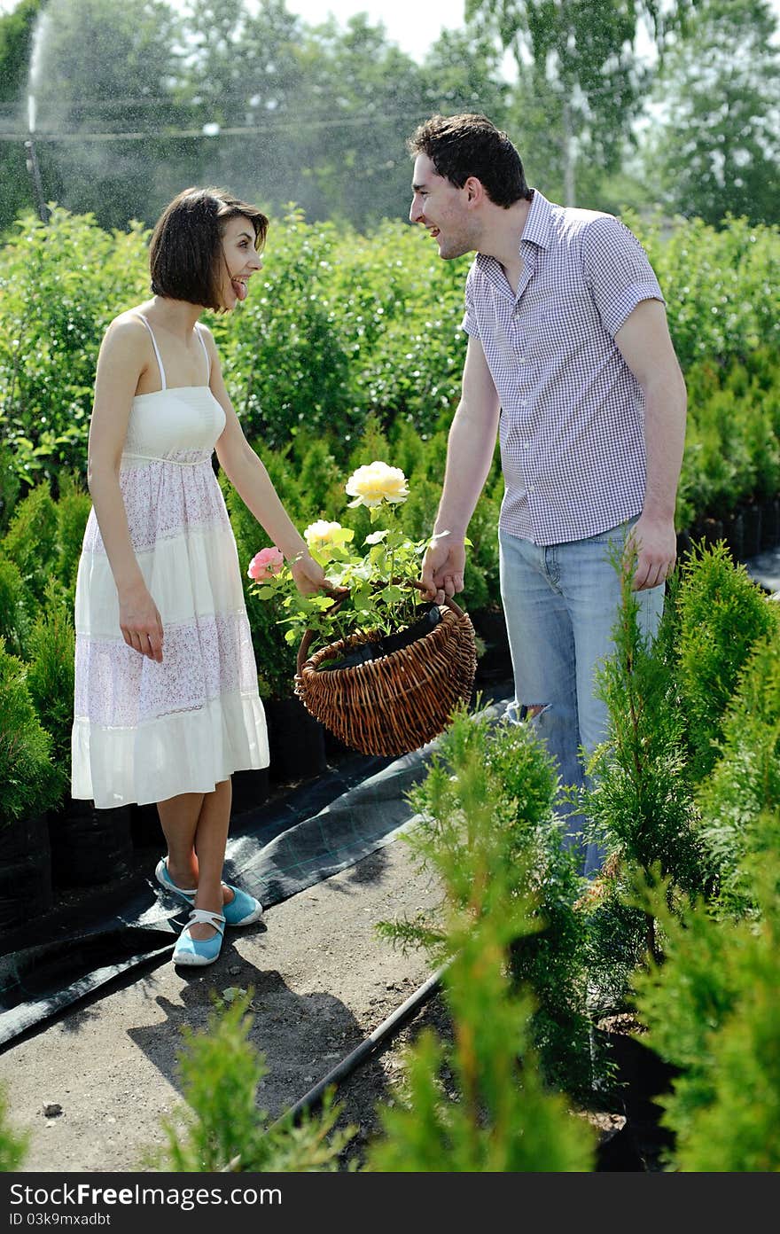 An image of a young couple with basket with fresh roses. An image of a young couple with basket with fresh roses