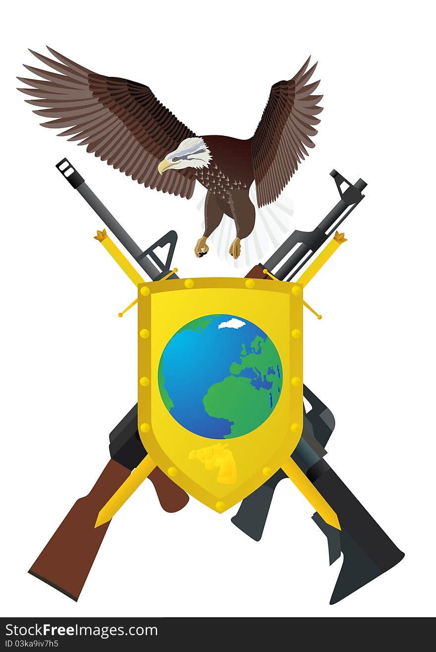 Flying eagle, shield and sword, for which depicted two swords and modern automatic weapons