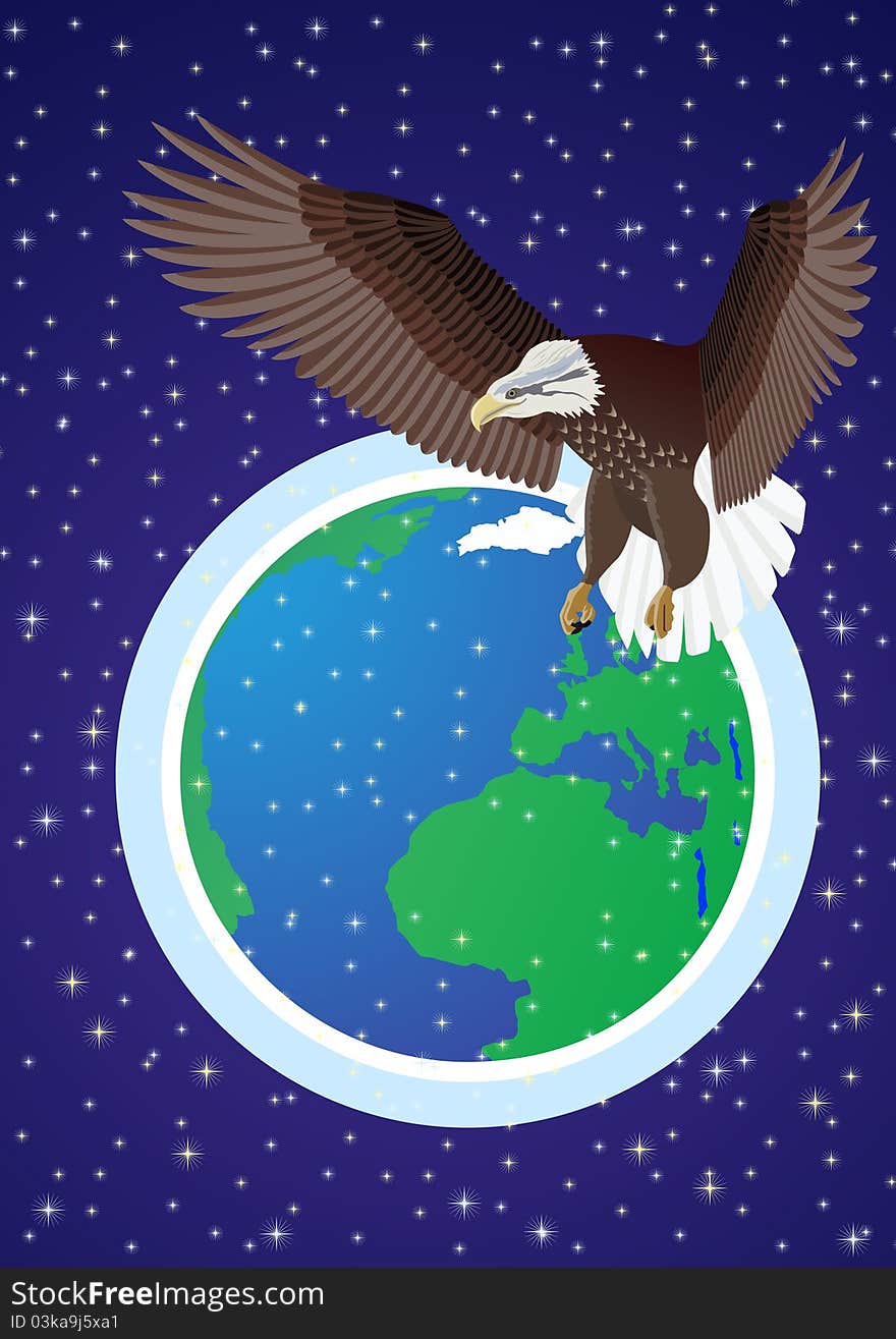 Flying eagle on a background of the Earth and the starry night sky. Flying eagle on a background of the Earth and the starry night sky