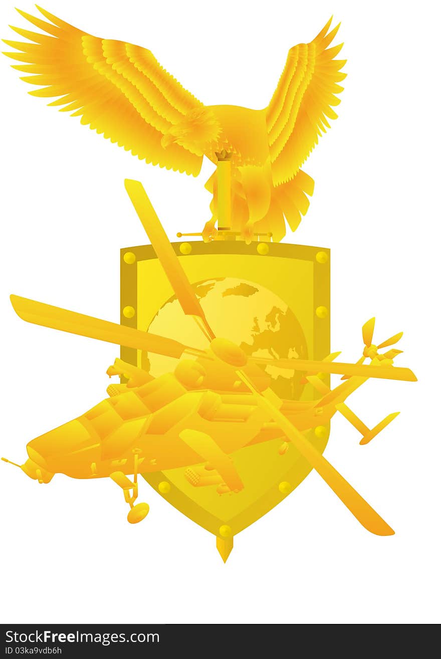 Air Force. Badge with an eagle holding a sword, shield, and military aircraft. Air Force. Badge with an eagle holding a sword, shield, and military aircraft.