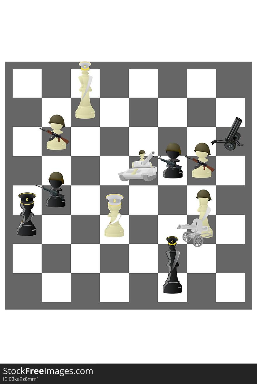 Chessmen styled soldiers and military equipment. Illustration on the background of a chessboard. Chessmen styled soldiers and military equipment. Illustration on the background of a chessboard.