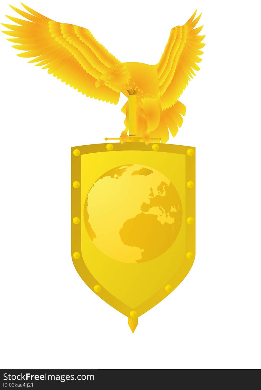 Badge with an eagle holding a sword and shield, which shows the planet Earth. Badge with an eagle holding a sword and shield, which shows the planet Earth.