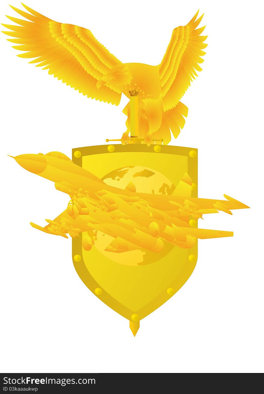 Air Force. Badge with an eagle holding a sword, shield, and military aircraft. Air Force. Badge with an eagle holding a sword, shield, and military aircraft.