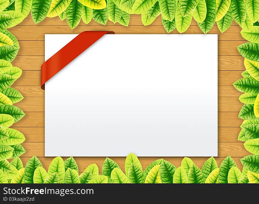 Blank Paper on wood and Green leaves synthesis background template