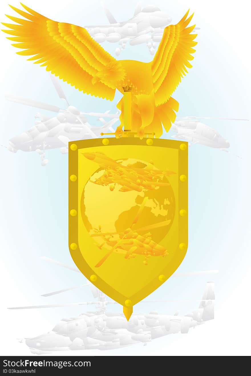 Air Force. Badge with an eagle holding a sword, shield, and military aircraft.