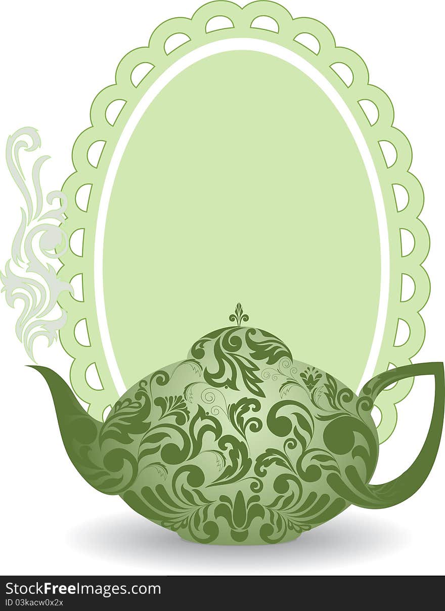 Green teapot with a beautiful ornament and clouds of steam