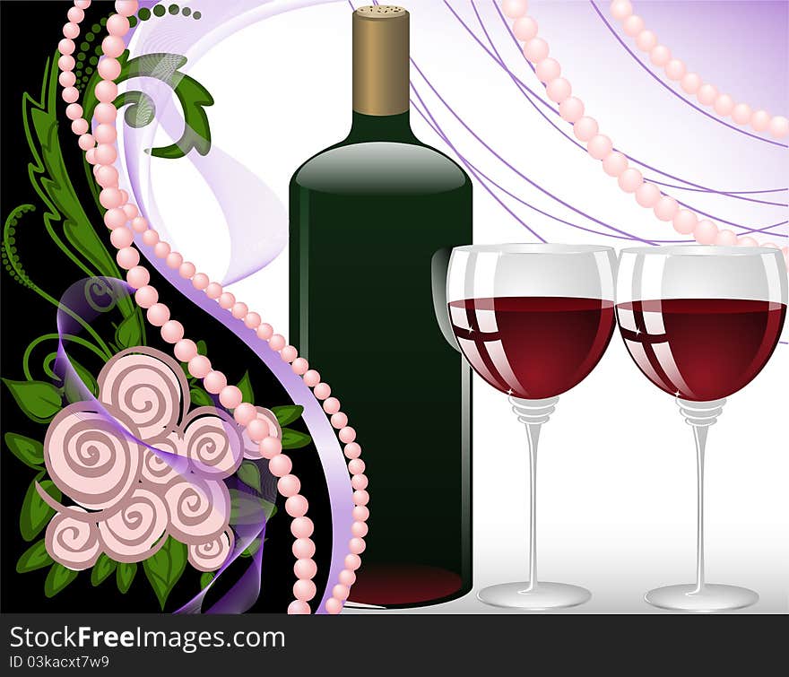 Wine glasses on a black background with pearls and a bouquet of roses. Wine glasses on a black background with pearls and a bouquet of roses