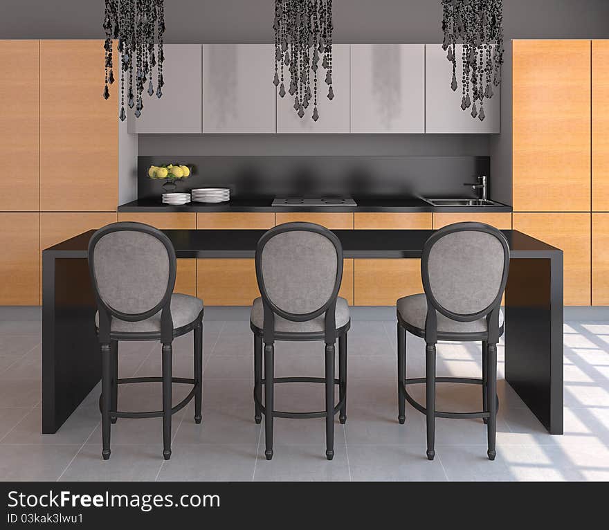 Interior of modern kitchen. 3d render. Interior of modern kitchen. 3d render.