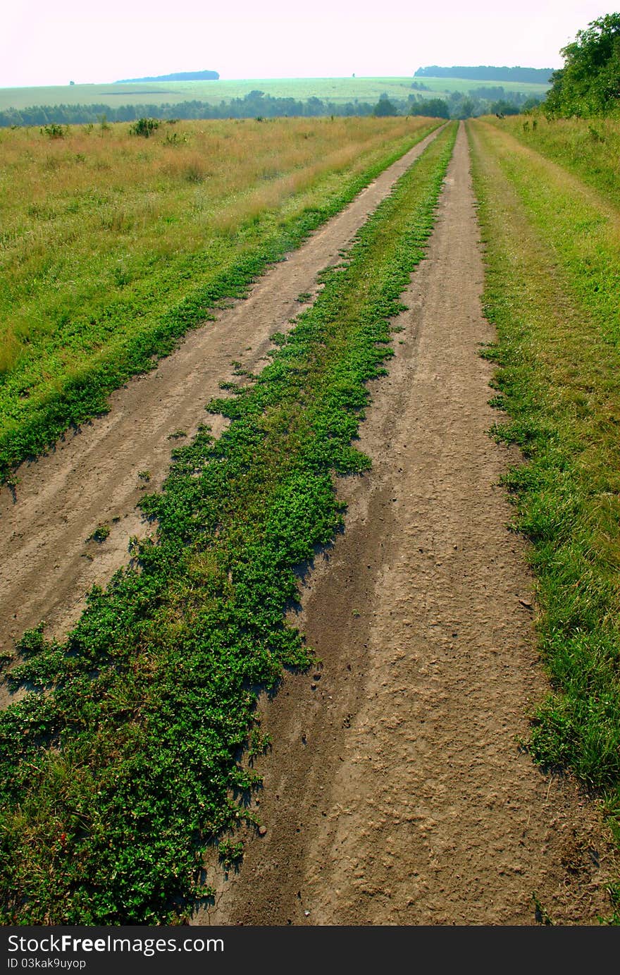 The road passes through a green field