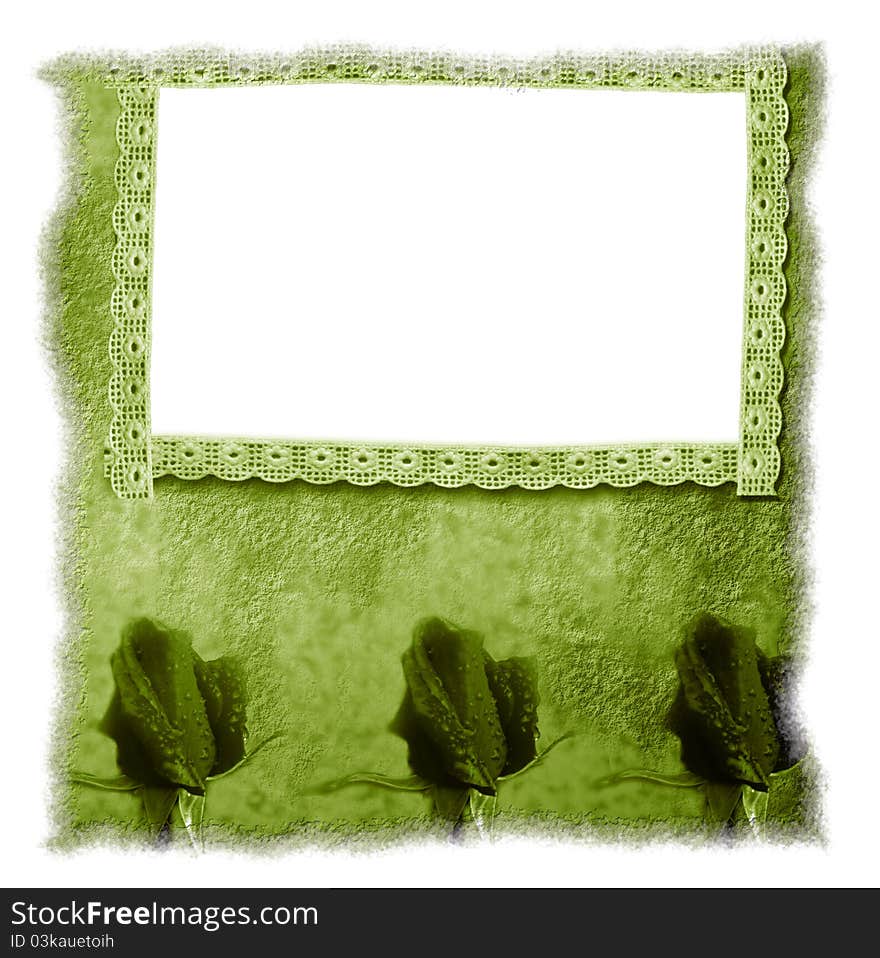 Green floral background isolated old, empty frame with lace. Green floral background isolated old, empty frame with lace