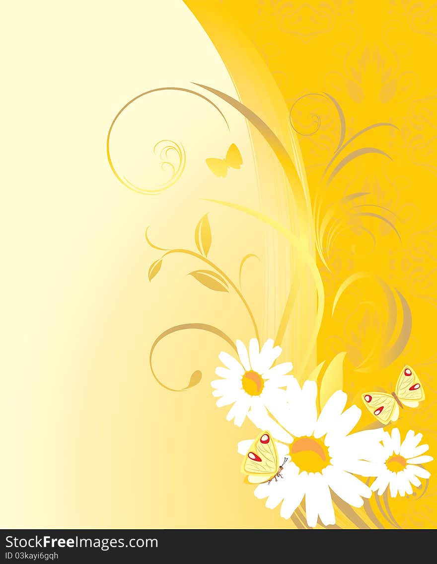 Floral ornament with chamomiles and butterflies on the yellow background. Illustration