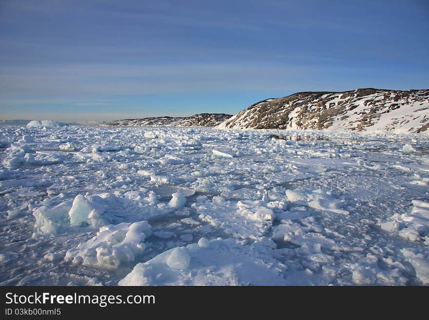 Ice choked Disko Bay in West Greenland. Ice choked Disko Bay in West Greenland