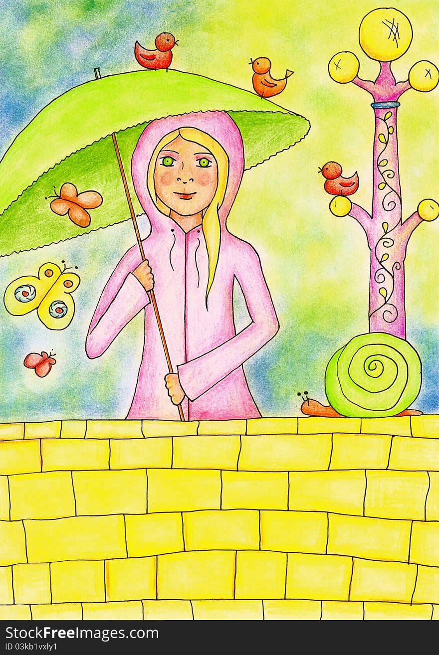 Girl in the rain. Hand drawn illustration made with colour pencils. Girl in the rain. Hand drawn illustration made with colour pencils.