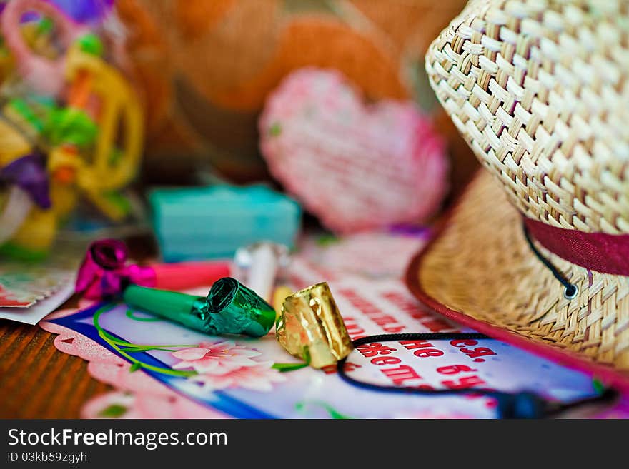 Party whistle with hat and picture postcard