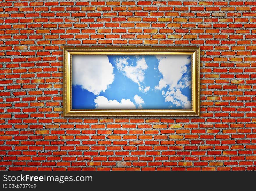 Orange brick wall texture and gold frame