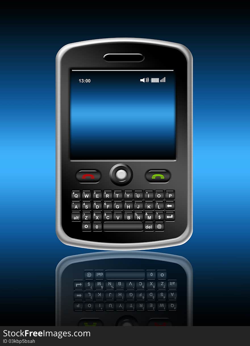 Black cellphone illustration with reflection over blue background