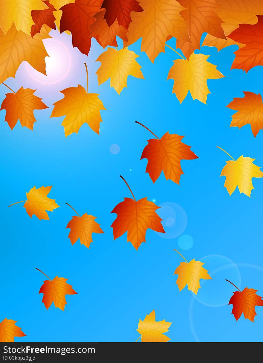 Brown autumn leafs over sky with sun.illustration. Brown autumn leafs over sky with sun.illustration